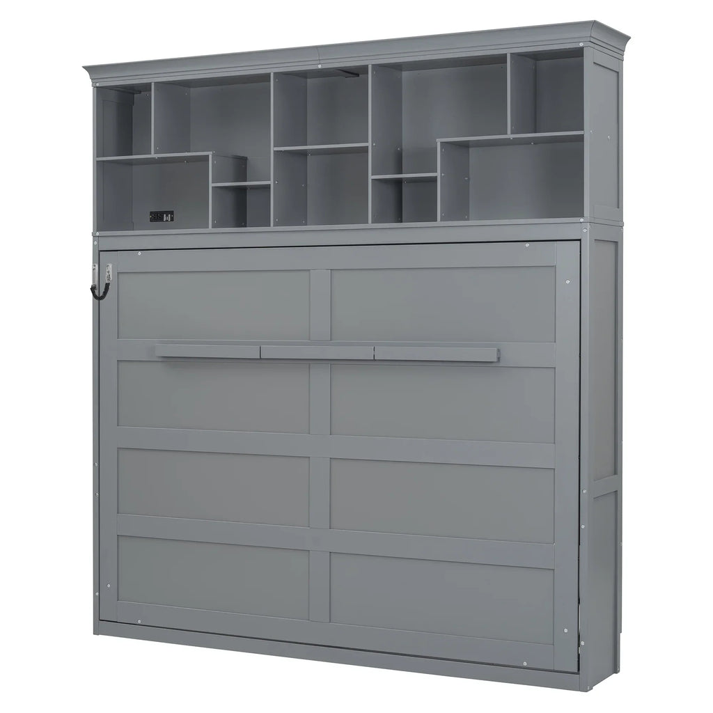 2026 NewQueen Size Murphy Bed Wall Bed with Top Shelves & USB Charging, Space-Saving Cabinet Bed with Flexible Slats, Gray Modern Foldable Bed