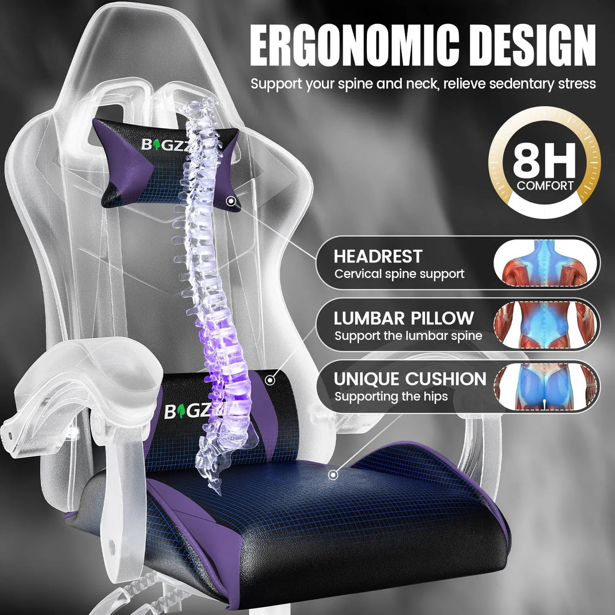 2026 NewBigzzia Gaming Chair Office Chair, Ergonomic Game Chair with Height Adjustable Headrest and Lumbar Support for Adults Teens, Black & White