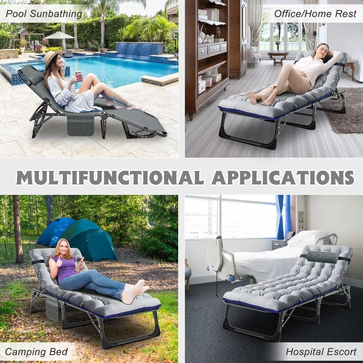 2026 NewMOPHOTO Lounge Chair with Mattress, Outdoor Chaise Lounge Support 440 Lbs, Adjustable Portable Heavy Duty Sleeping Cots Bed for Camping, Pool, Beach, Patio