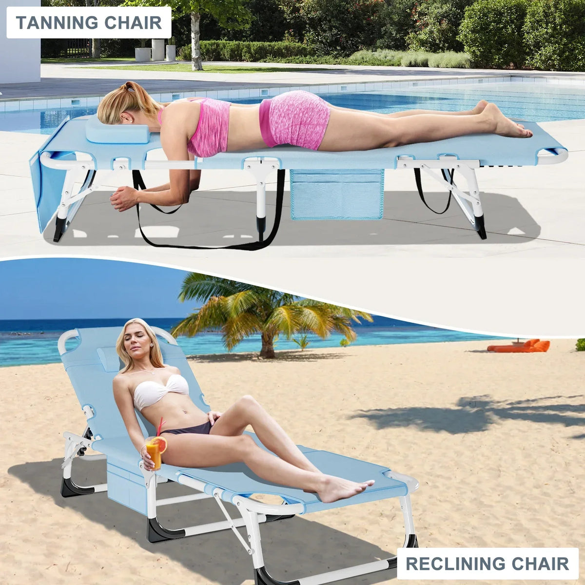 2026 NewMOPHOTO Lounge Chair with Mattress, Outdoor Chaise Lounge Support 440 Lbs, Adjustable Portable Heavy Duty Sleeping Cots Bed for Camping, Pool, Beach, Patio