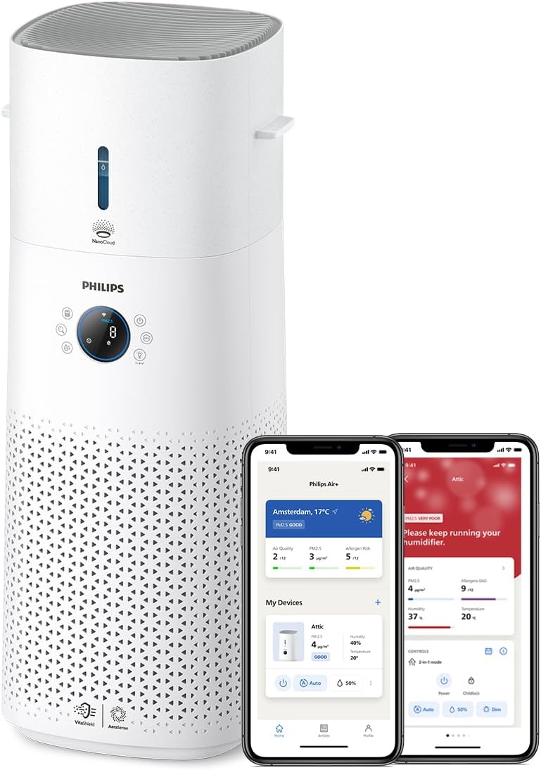 2026 Philips Serie 3000 Purificador y humidificador 2 en 1, 131 m², filtro HEPA, blanco
