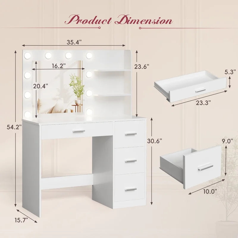 2026 NewLacoo Vanity Desk with Mirror and LED Lights, Makeup Vanity with 7 Drawers & 4 Shelves, Vanity Table with Power Outlet for Bedroom Dressing Room, White