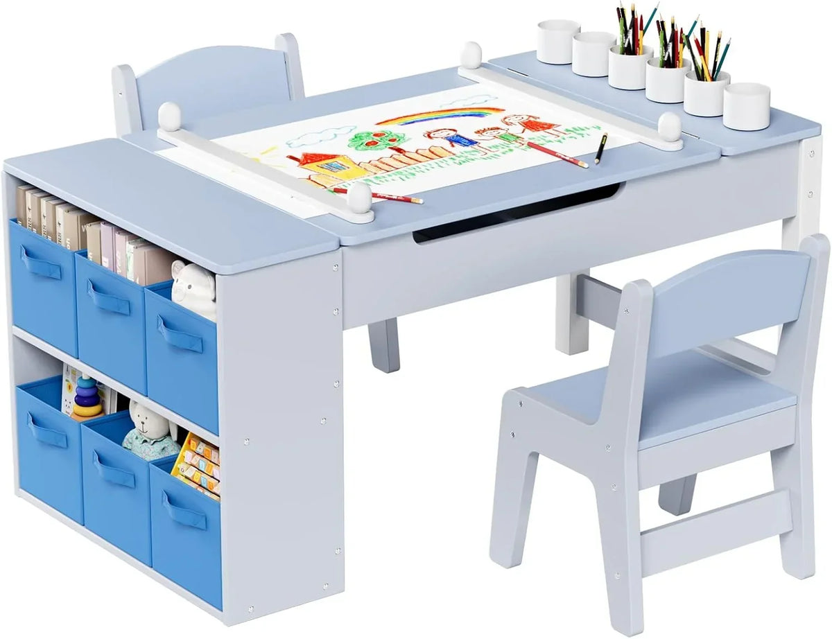 2026 NewLAZY BUDDY Kids Art Table and 2 Chairs Set, 2 in 1 Easel & Toddler Craft Table and Chairs Set with Storage Bins, Paint Cups and Paper Roll, Activity Table Set for Children 3+