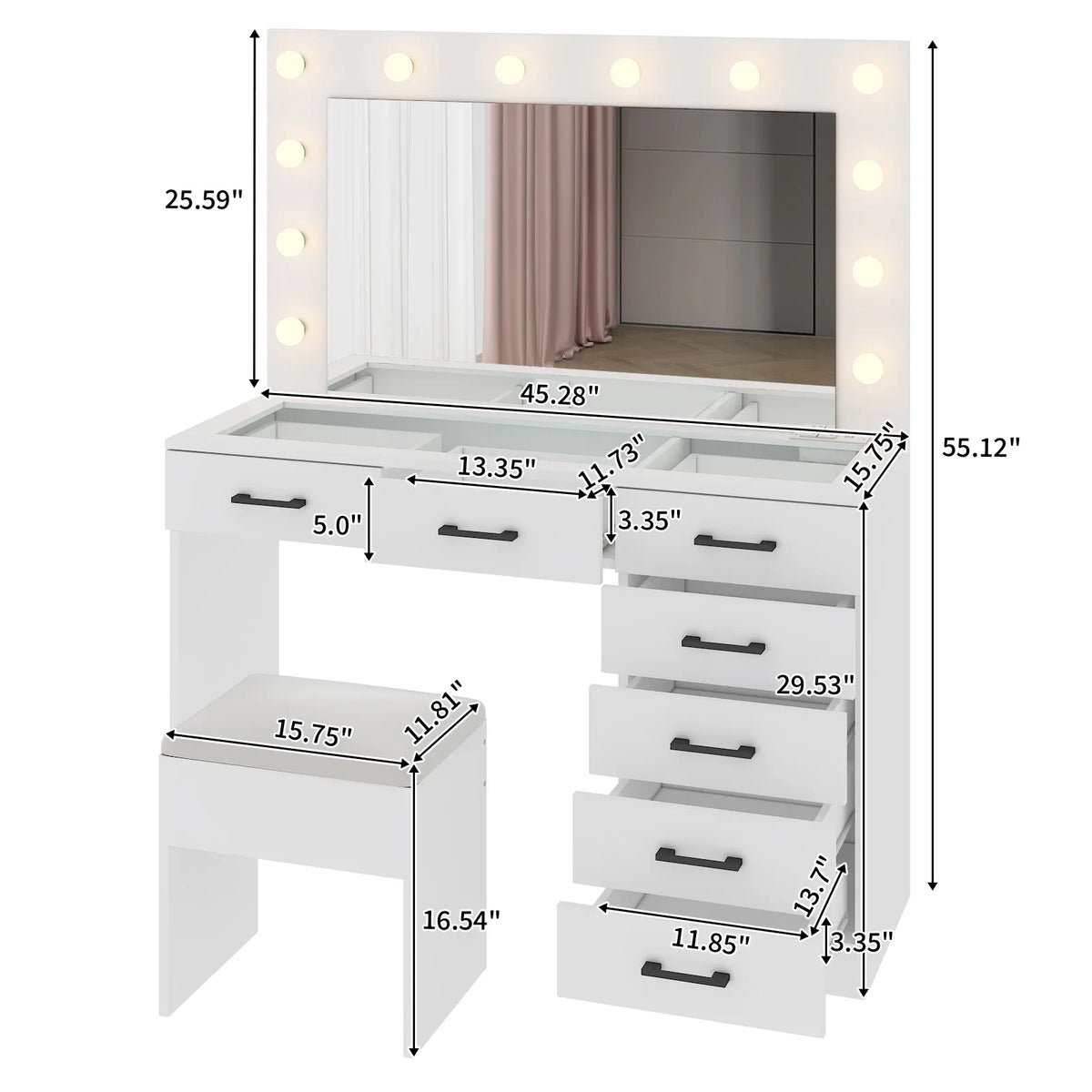 2026 NewKtaxon Large Makeup Vanity, Vanity Table Set w/ Visible Glass Top w/ Charging Station, White