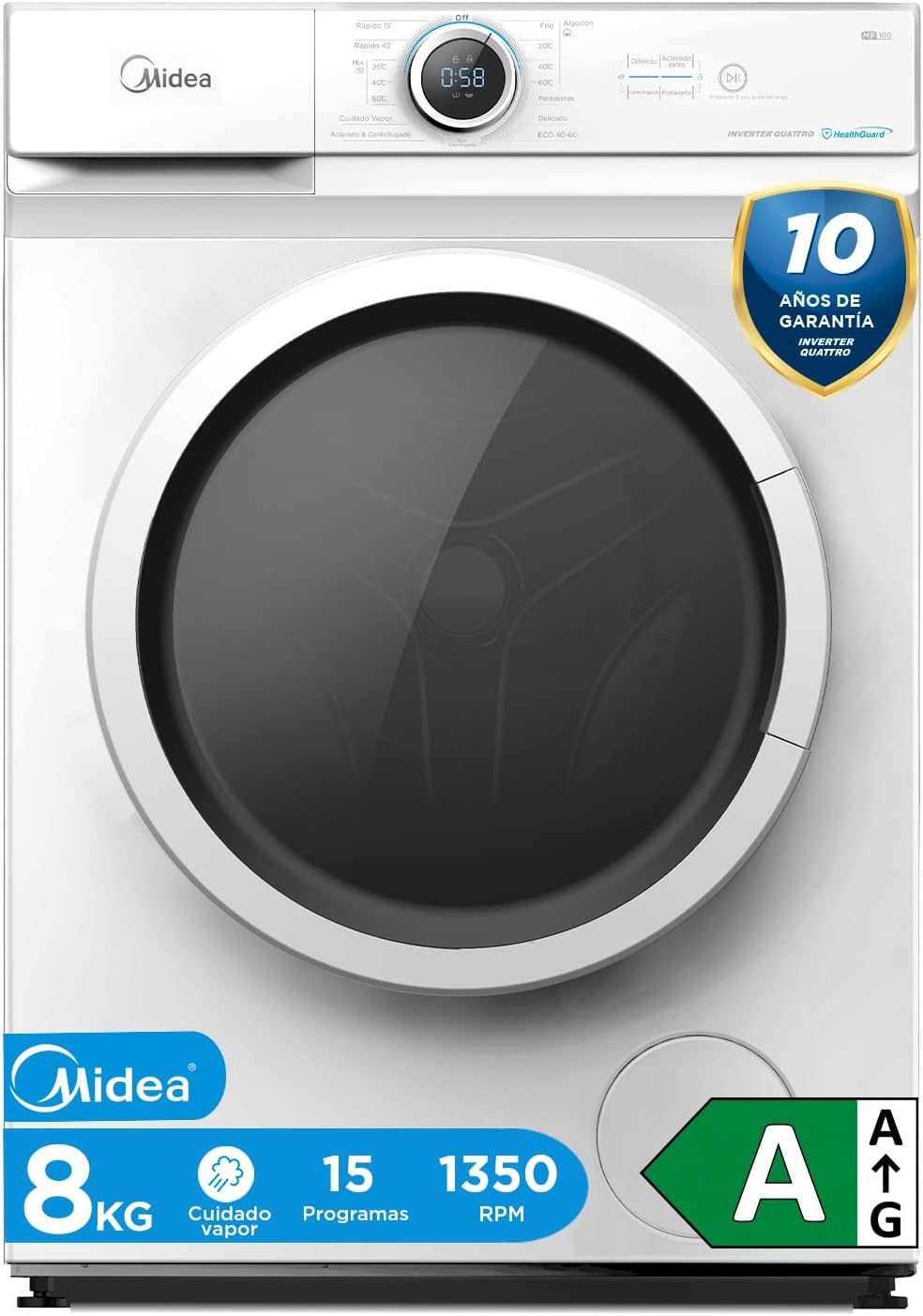 2026 Midea Lavadora de carga frontal 8 kg, 1950 W, 1350 rpm, motor Inverter, 15 programas, HealthGuard, lavado rápido, vapor y modo Eco