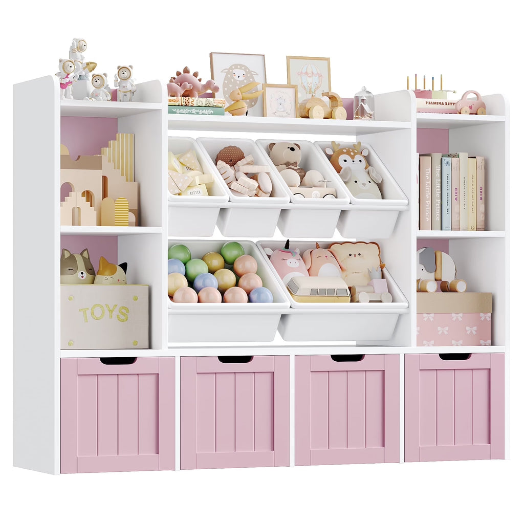 2026 NewHiphuta 3 Tier Kids Bookcase with Toy Storage Organizer, Wood Toy Organizer of 6 Boxes & 4 Removable Drawers, White