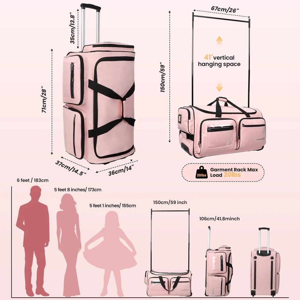2026 NewFegat Dance Bag with Garment Rack - 28"Collapsible Rolling Competition Dance Duffle Bag Lightweight Costume Wheeled Suitcase for Dancers Shows Livestreamer Athletes