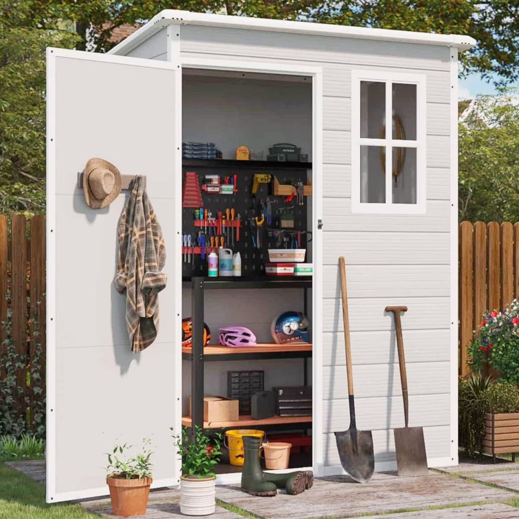 2026 NewLofka Resin Outdoor Storage Shed,5'x3' Storage Shed, Plastic Shed with Thick Resin Floor, Gray and White