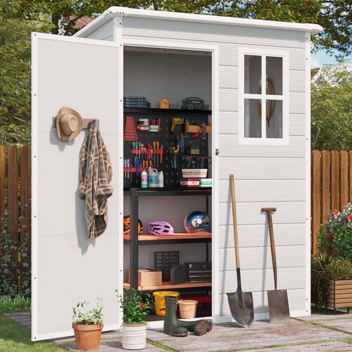 2026 NewLofka Resin Outdoor Storage Shed,5'x3' Storage Shed, Plastic Shed with Thick Resin Floor, Gray and White