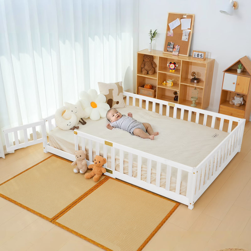 2026 NewSlsy Twin Size Toddler Floor Bed, Solid Wood Montessori Bed Frame with Fence & Door Montessori Floor Bed Crib with Safety Guardrails for Girls and Boys