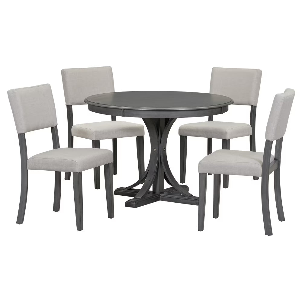 2026 New5 Piece Retro Round Dining Table Set with 4 Upholstered Chairs, Wood Dining Table with Curved Trestle Style Legs