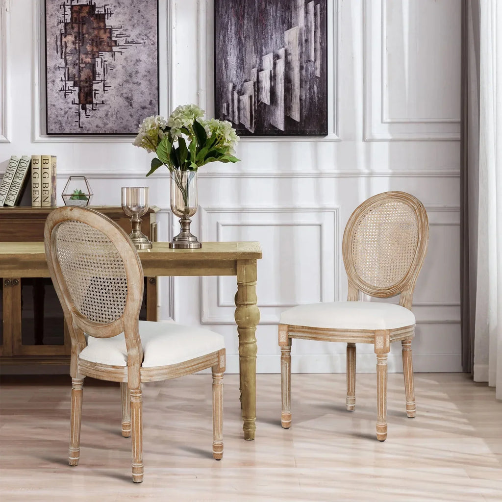 2026 NewFrench Dining Chairs Set of 2 Beige Natural Fabric Round Back with Solid Wood Legs and Frame for Bedroom Dining Room Kitchen