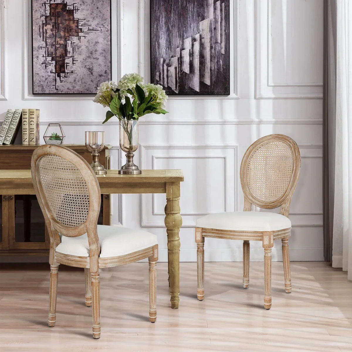 2026 NewFrench Dining Chairs Set of 2 Beige Natural Fabric Round Back with Solid Wood Legs and Frame for Bedroom Dining Room Kitchen