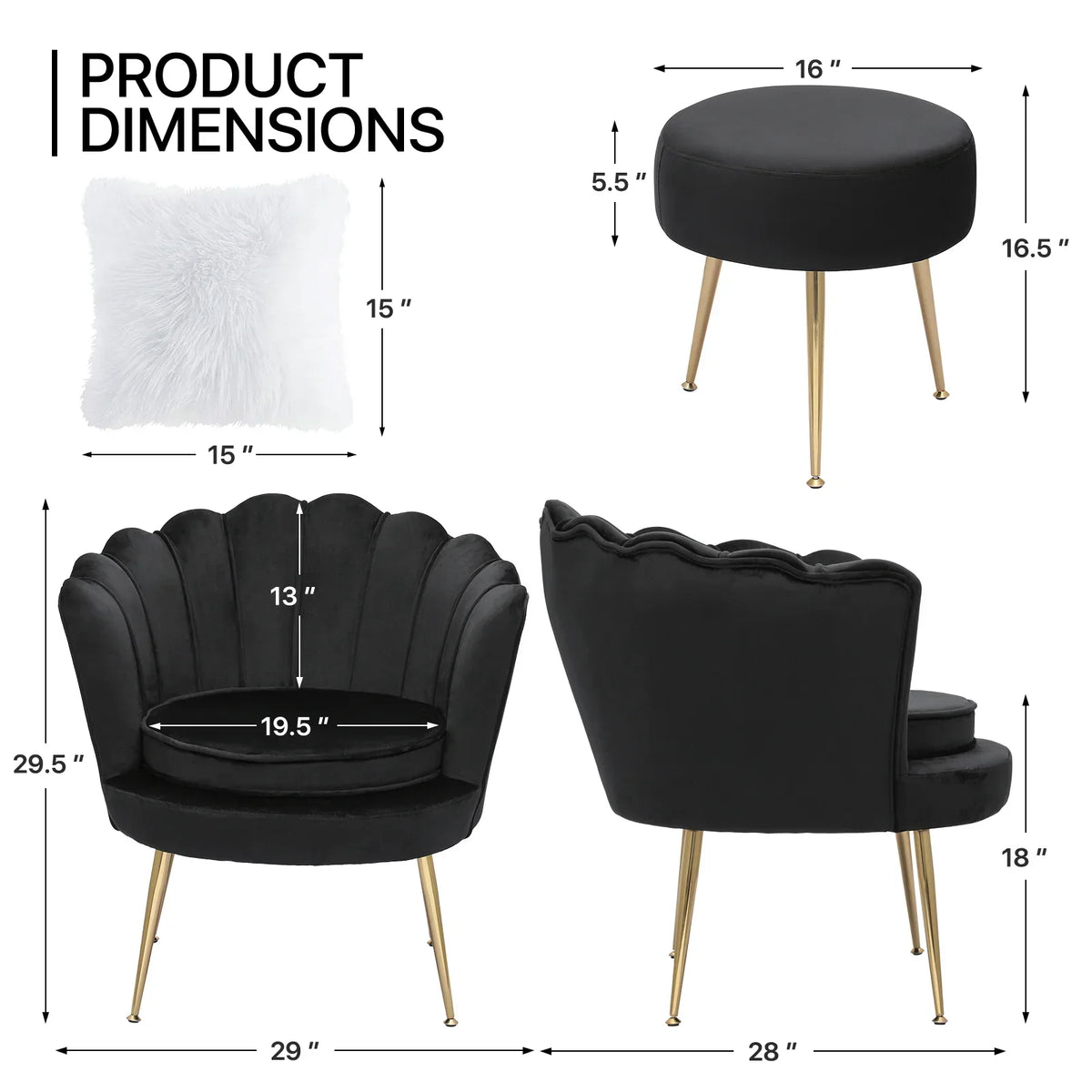 2026 NewMoNiBloom Set of 2 Velvet Tufted Accent Chair with Pillow and Stool, Upholstered Modern Single Sofa Side Chair with Padded Seat and Golden Metal Legs, Living Room Armchair, Black