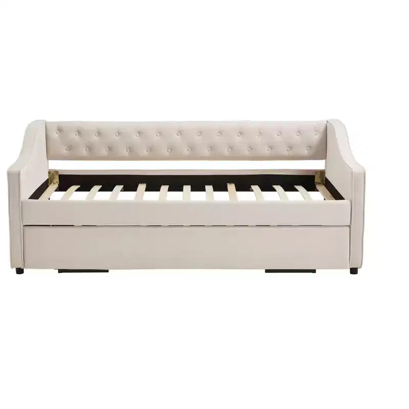 2026 Cama sofá Twin con cama nido, tapizada en terciopelo, puerto USB y bolsillos laterales - ModernLuxe