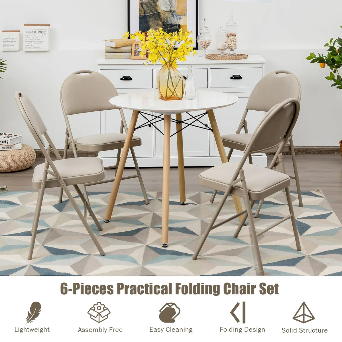 2026 NewCostway Set of 6 Folding Chairs Fabric Upholstered Padded Seat Metal Frame Home Office Beige