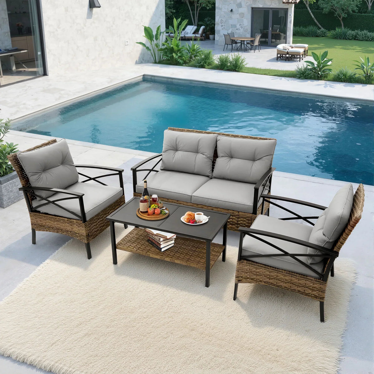 2026 NewHeavy-duty Patio Furniture Set, 4 Piece Outdoor Sectional Conversation Sets, BrownPE Rattan Patio Sofa Set with Blue Cushions