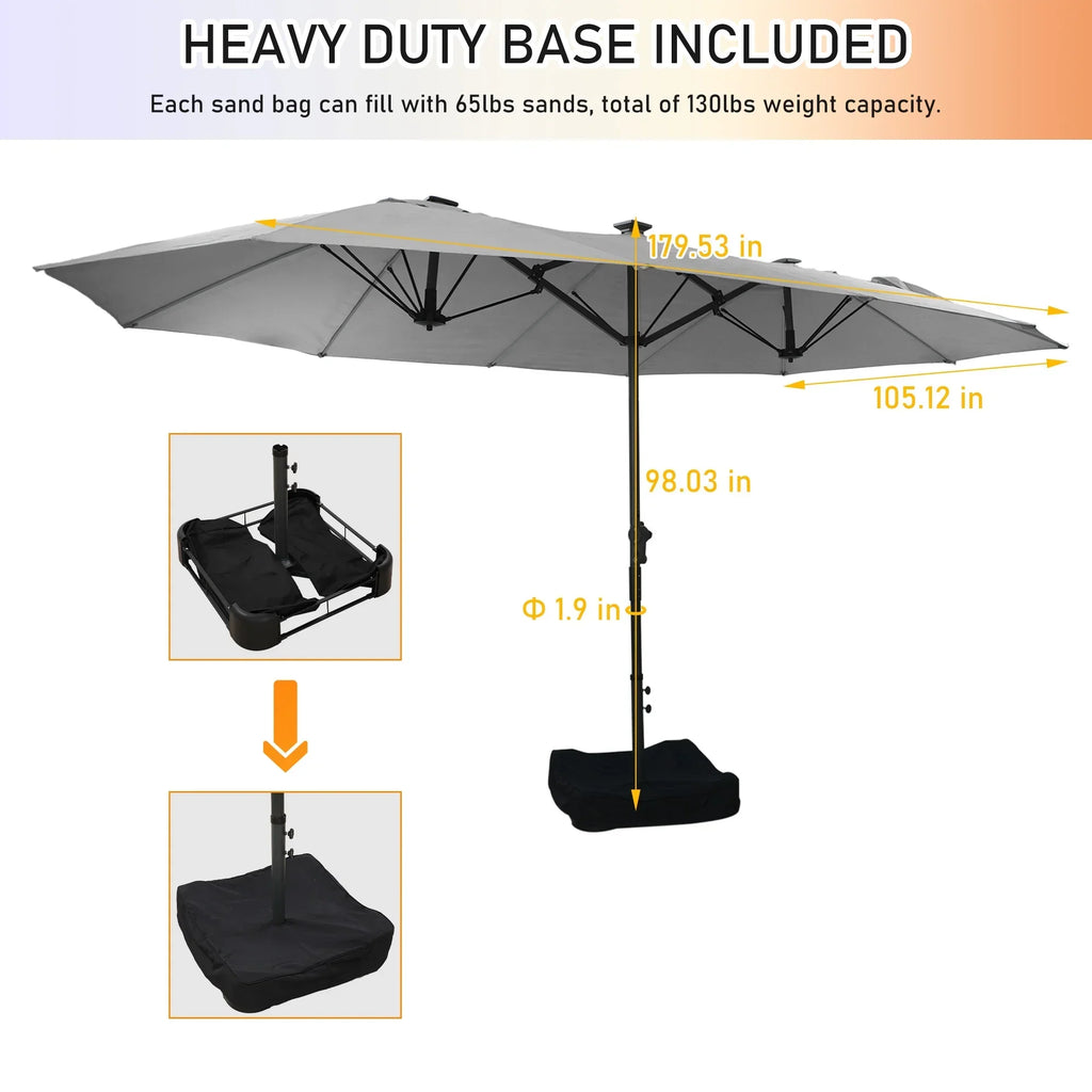 2026 NewMondawe 15ft Patio Umbrella, Large Double-Sided Solar LED Outdoor Umbrella with Fiberglass Ribs and Base for Deck Pool, Navy Blue