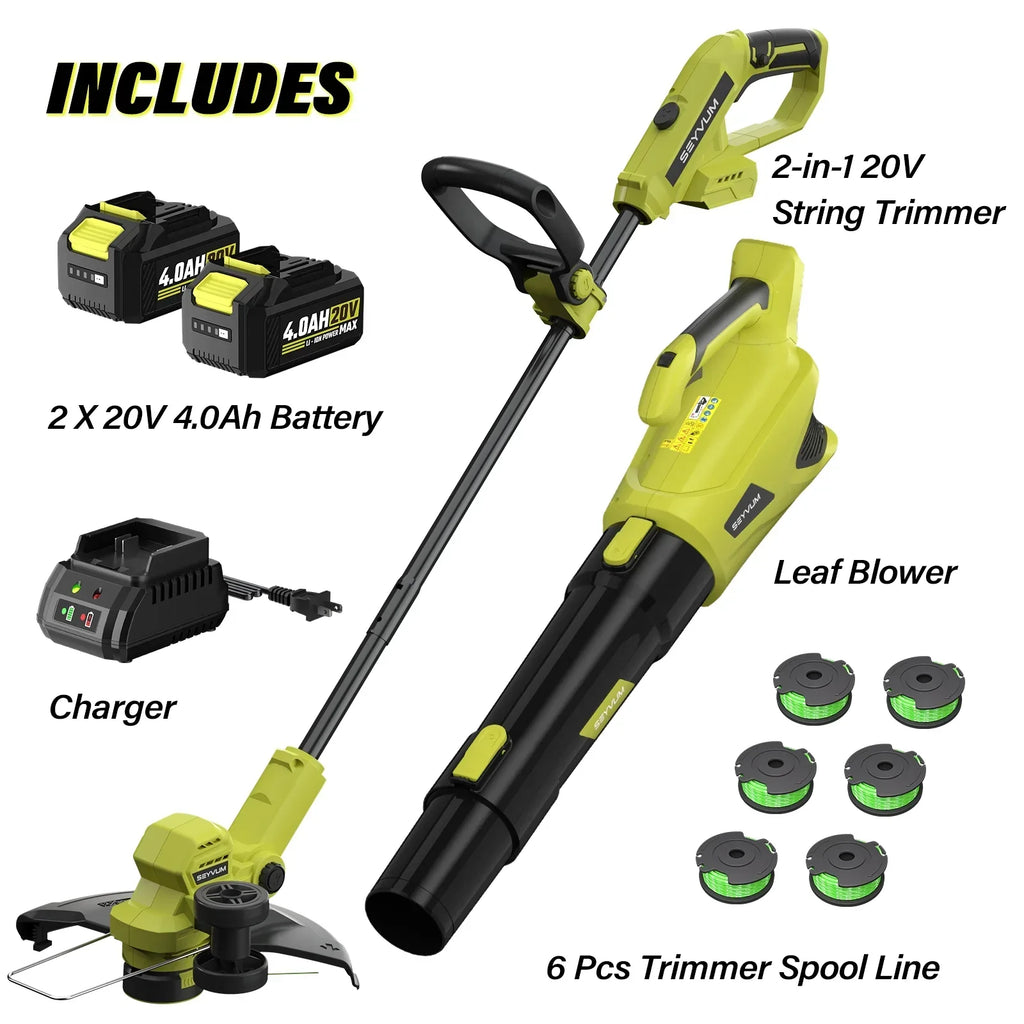 2026 New20V Cordless Lawn Care Combo Kit - 12" String Trimmer & Weed Trimmer with 6 Spool Lines, Electric Leaf Blower for Edging & Cleanup, 4.0Ah Battery & Charger