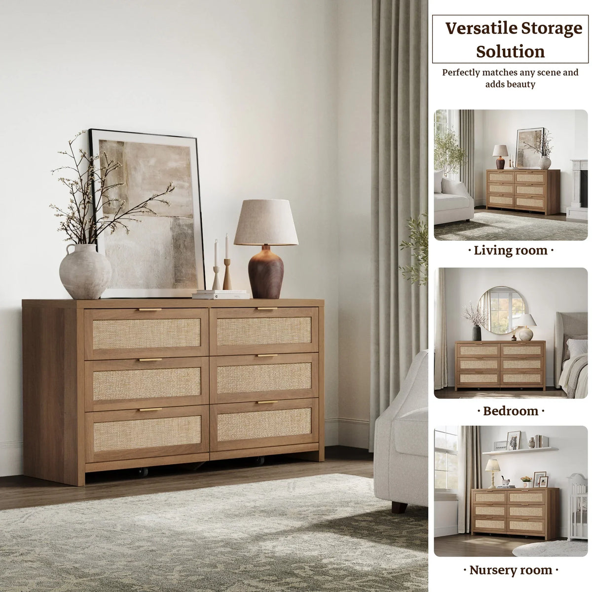 2026 NewSICOTAS 56.85" 6 Drawer Dresser,Rattan Dresser with Storage,Boho Dressers & Chests of Drawers Wooden Tall Dresser for Bedroom