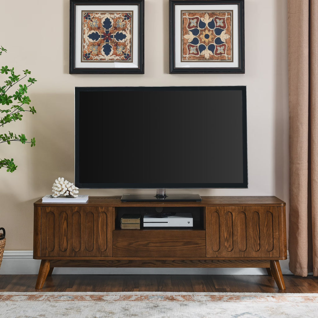 2026 NewNoble House Mid-Century Modern Fluted TV Stand for 65" TV, Entertainment Console with Storage, Solid Wood Legs, Walnut