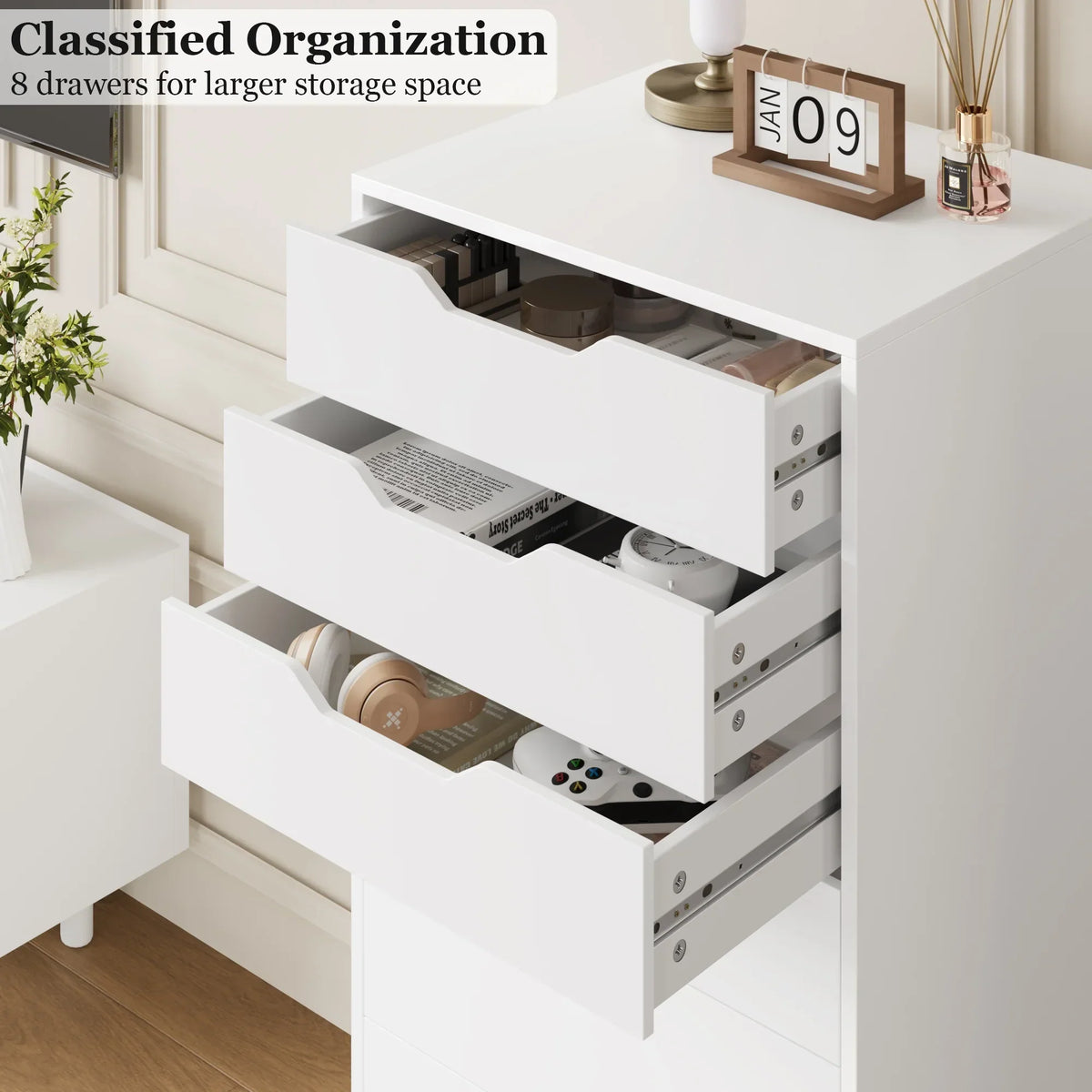 2026 NewHomfa Vertical 8 Drawer Dresser, 44.5""H Modern Drawers Dresser for Bedroom Living Room, White