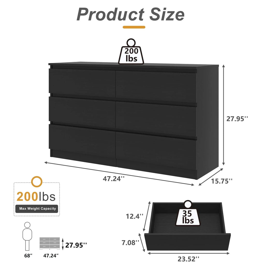 2026 NewKadyn Modern 6 Drawer Dresser Wood Cabinet,Dresser for Bedroom, Kitchen Storage Cabinet with Drawers, Chest of Drawers(Black)