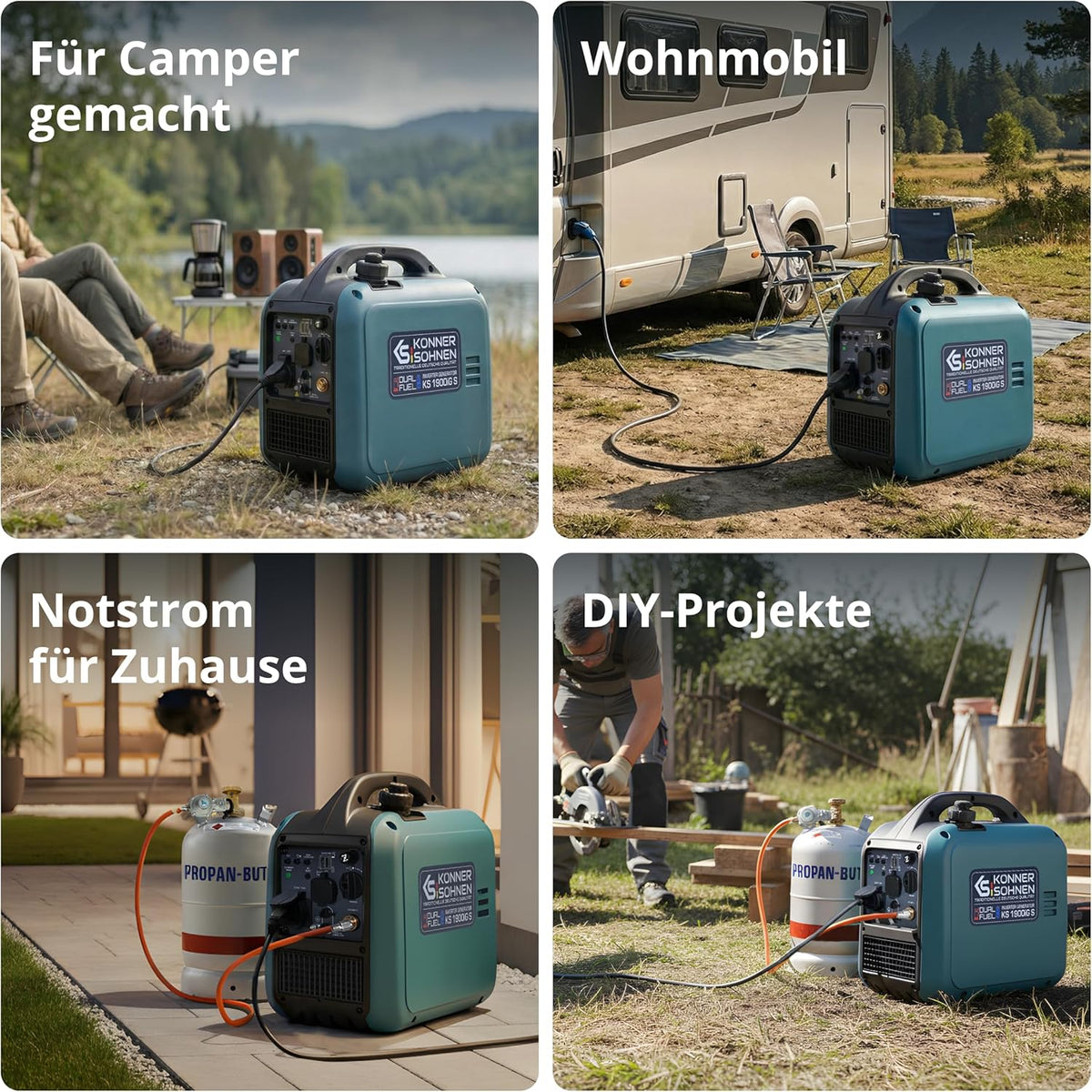 2026 Könner & Söhnen Generador Inverter KS 1900iG S, Generador de Doble Combustible (GLP/Gasolina) 2000W, Generador de Emergencia Silencioso, Ultraligero 17kg, Onda Sinusoidal Pura, Modo Eco, USB, Euro-5