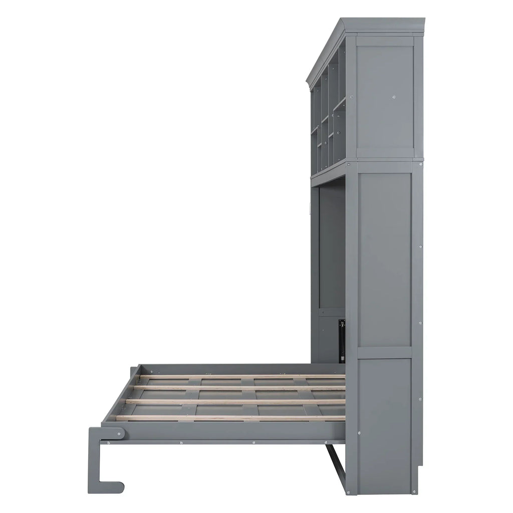 2026 NewQueen Size Murphy Bed Wall Bed with Top Shelves & USB Charging, Space-Saving Cabinet Bed with Flexible Slats, Gray Modern Foldable Bed