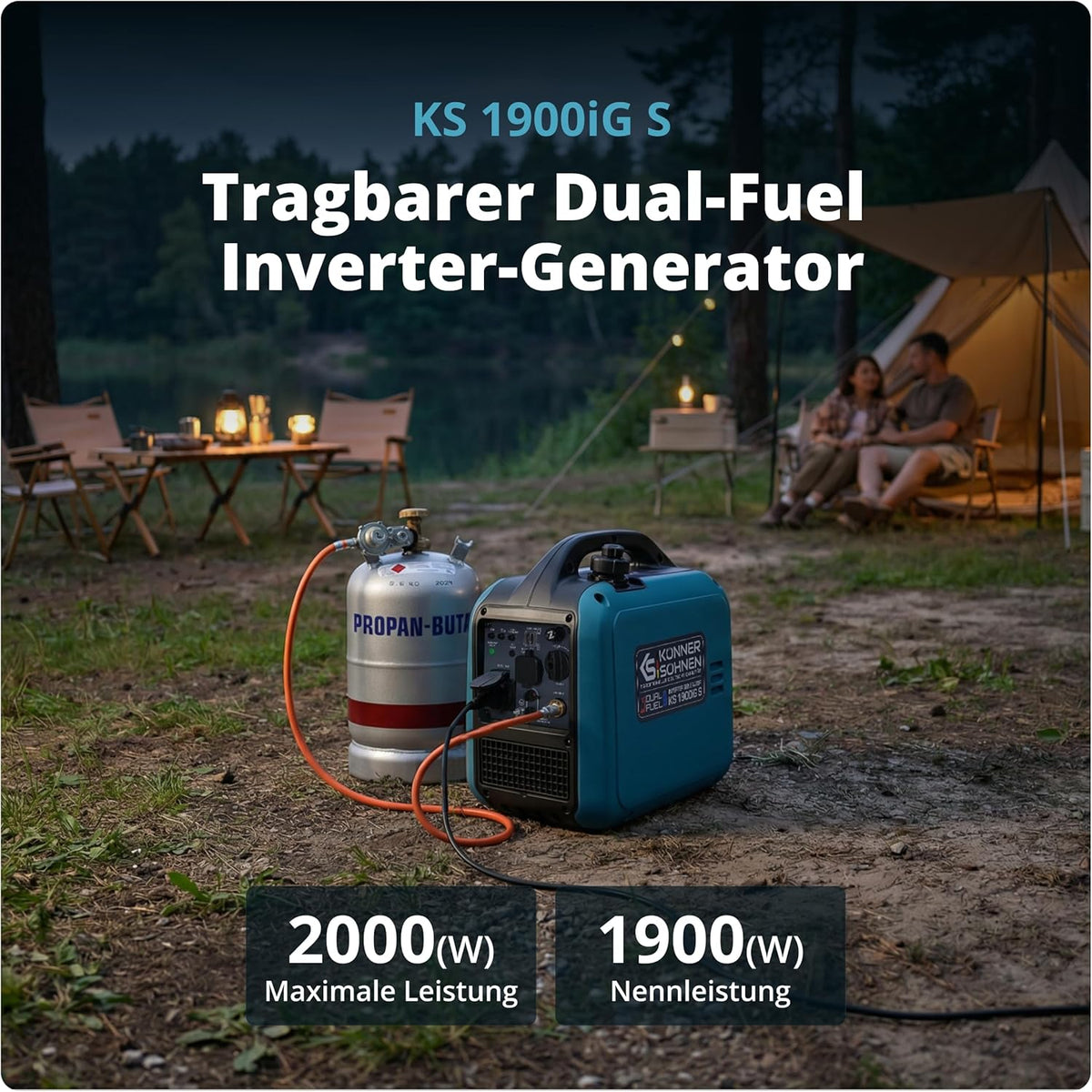 2026 Könner & Söhnen Generador Inverter KS 1900iG S, Generador de Doble Combustible (GLP/Gasolina) 2000W, Generador de Emergencia Silencioso, Ultraligero 17kg, Onda Sinusoidal Pura, Modo Eco, USB, Euro-5