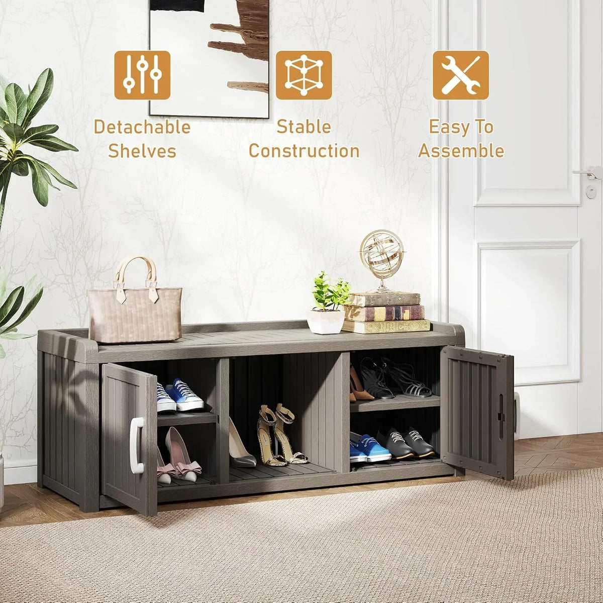 2026 NewKAMABOKO Outdoor Shoe Storage Cabinet, Waterproof UV-Resistant Entryway Storage Bench Indoor Outdoor with 2 Barn Doors, Adjustable Shelves for Entryway, Bedroom, Hallway,Living Room(Black)