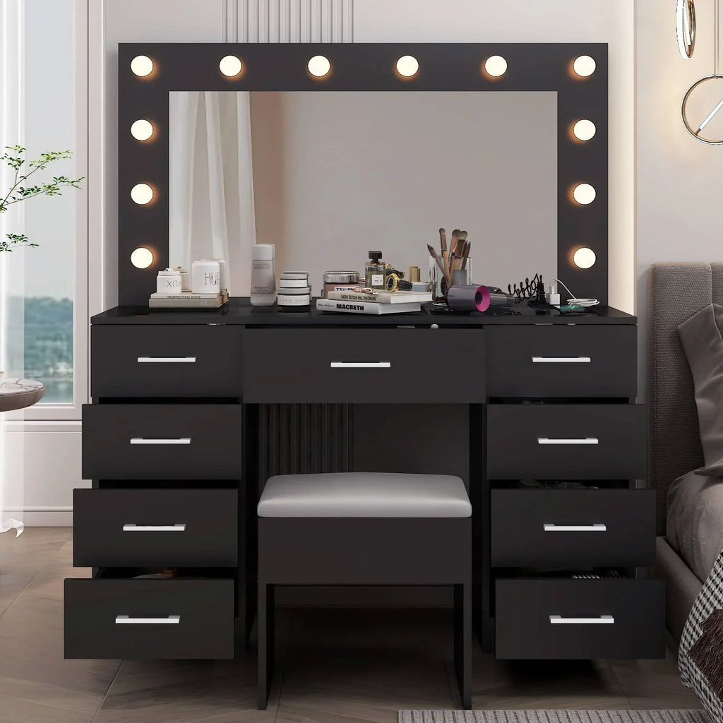 2026 NewKtaxon Large Makeup Vanity, Vanity Table Set w/ Visible Glass Top w/ Charging Station, White