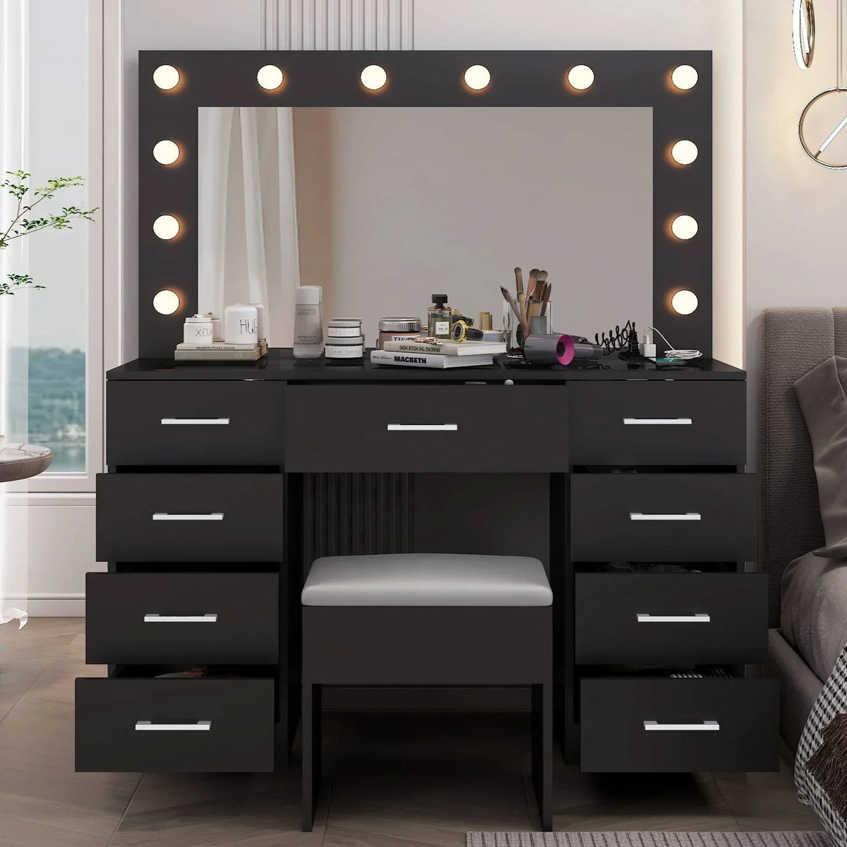 2026 NewKtaxon Large Makeup Vanity, Vanity Table Set w/ Visible Glass Top w/ Charging Station, White