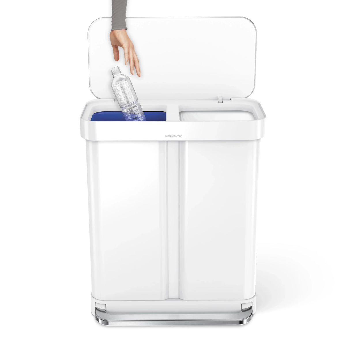 2026 Newsimplehuman 58 Liter / 15.3 Gallon Rectangular Dual Compartment Recycling Step, Brushed Stainless Steel with Soft-Close Plastic Lid Kitchen Trash Can