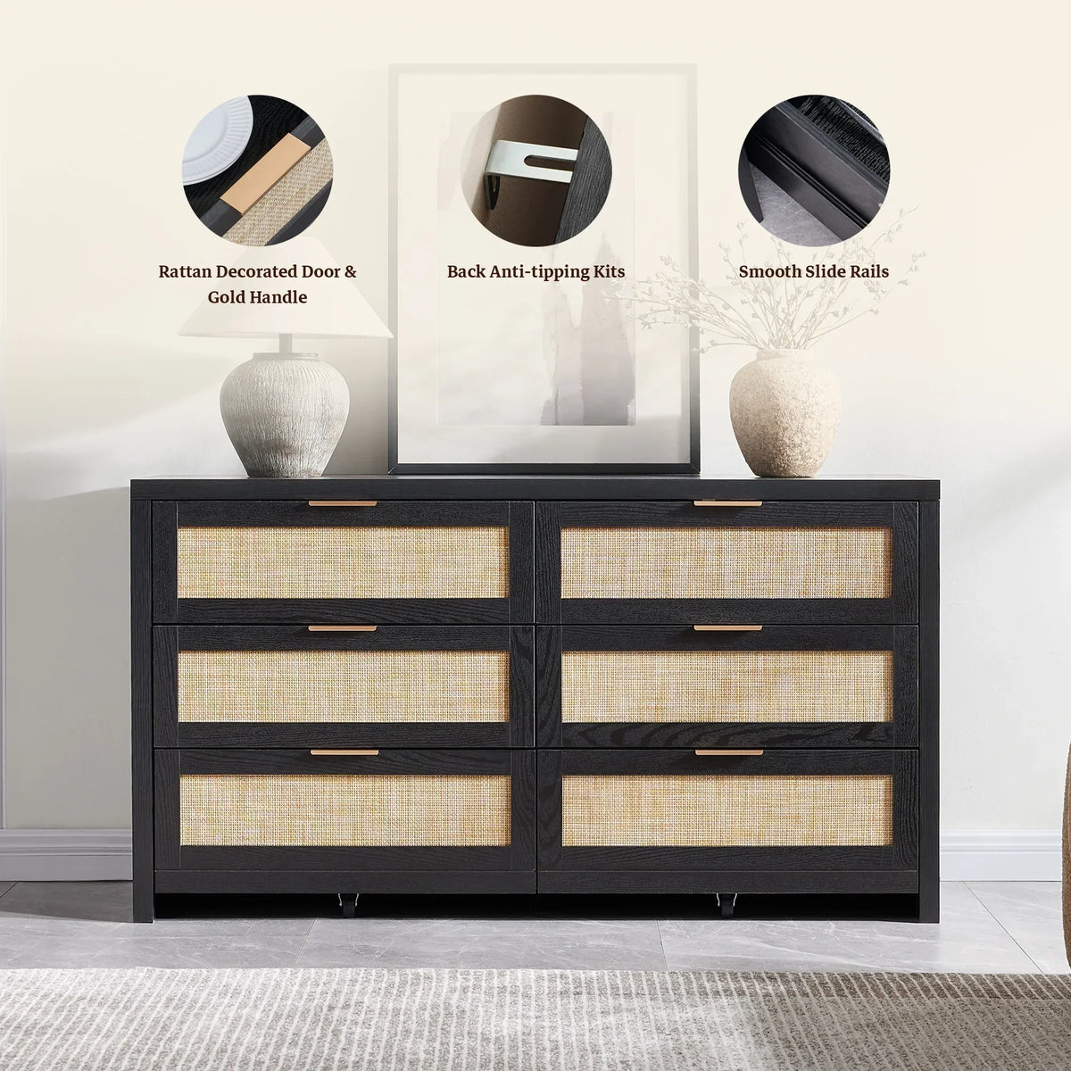 2026 NewSICOTAS 56.85" 6 Drawer Dresser,Rattan Dresser with Storage,Boho Dressers & Chests of Drawers Wooden Tall Dresser for Bedroom
