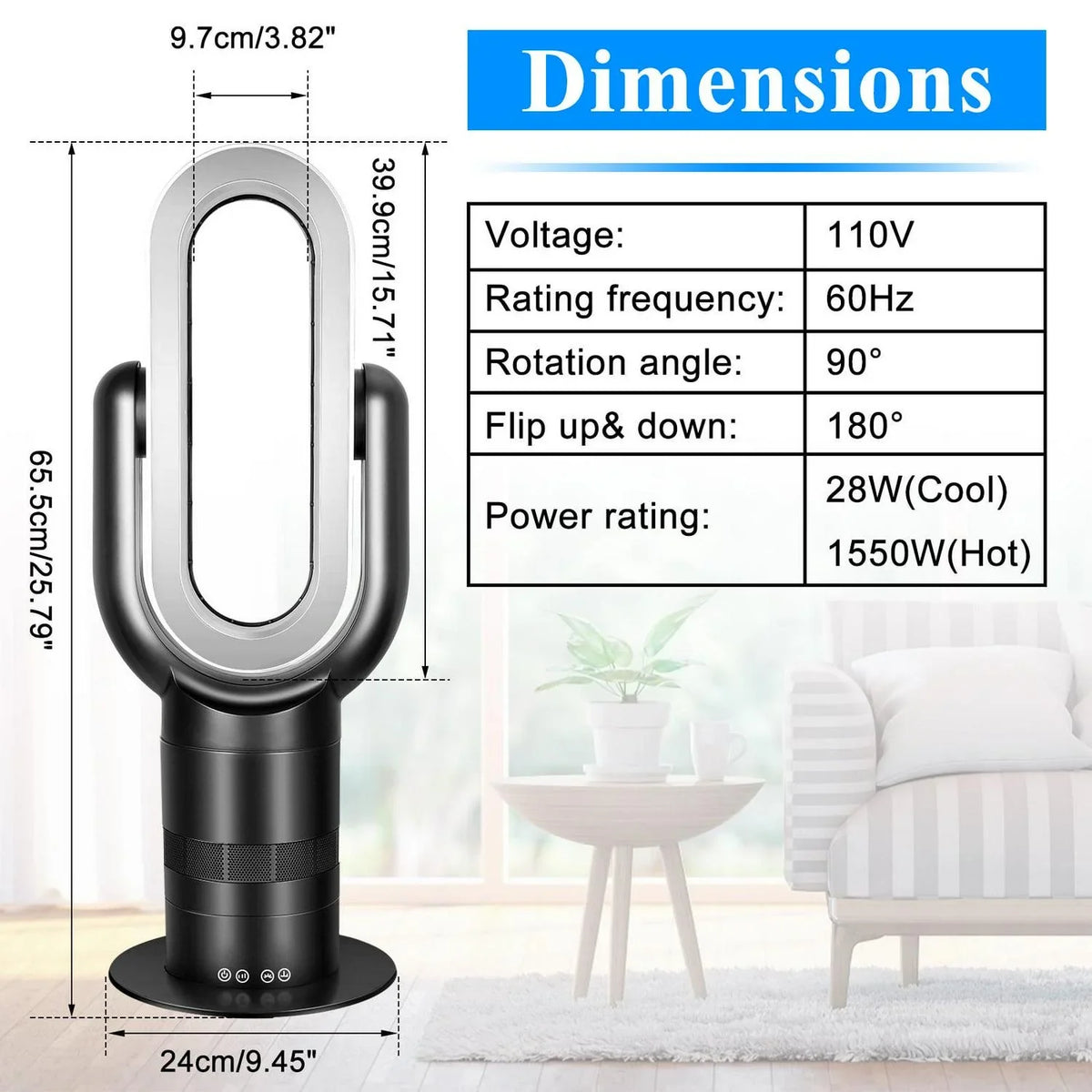 2026 NewDubbin 26 inch Space Heater Bladeless Tower Fan. Heater and Cooling Combo. with Remote Control. Black
