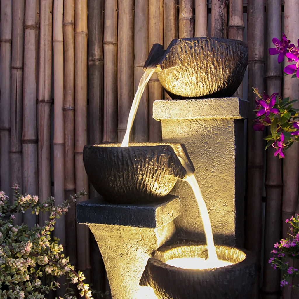 2026 New37.4" H Outdoor Water Fountain with 4 Crocks, Modern LED Lighted Garden Floor Fountain for Patios and Yards �C Durable Resin Water Feature with Cascading Waterfall Design for Indoor/Outdoor D"cor