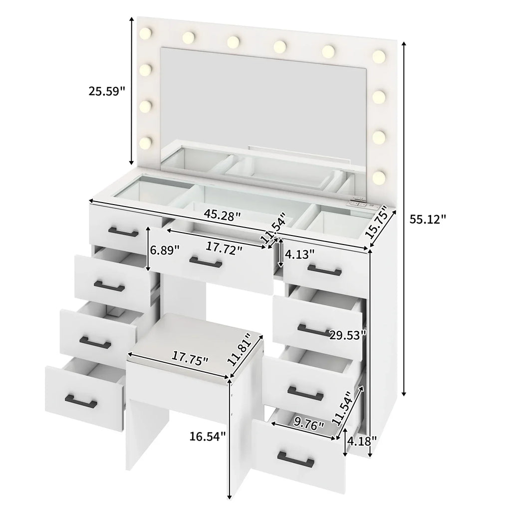 2026 NewKtaxon Large Makeup Vanity, Vanity Table Set w/ Visible Glass Top w/ Charging Station, White