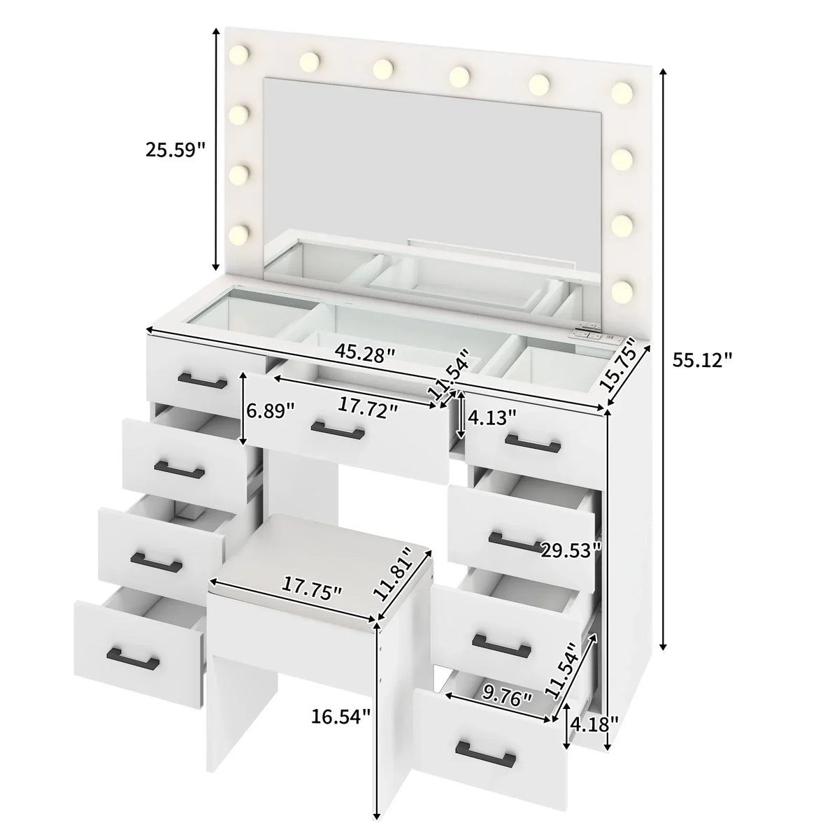 2026 NewKtaxon Large Makeup Vanity, Vanity Table Set w/ Visible Glass Top w/ Charging Station, White