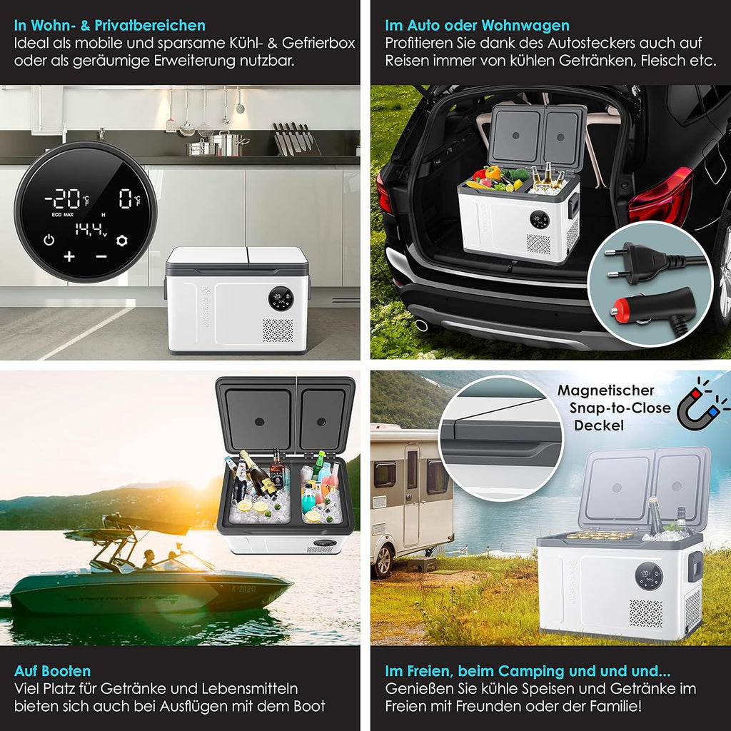 2026 Nevera portátil con compresor KESSER 2 en 1, doble zona de refrigeración y congelación, con 2 acumuladores de frío y control táctil LED | Refrigerador con capacidad de enfriamiento hasta -20 °C para camping, coche y camión, 12/24 V 230 V