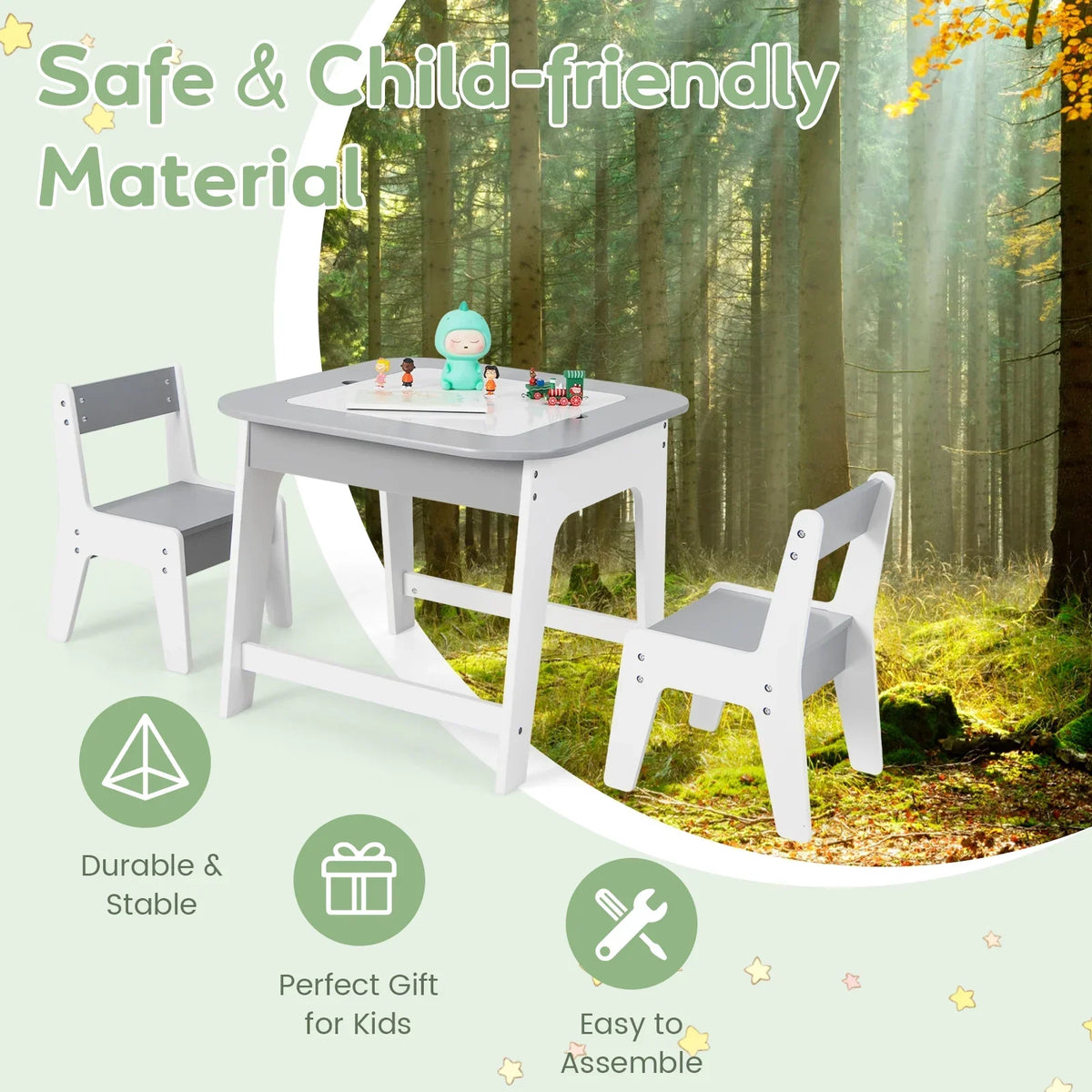 2026 NewOLAKIDS Kids Table and Chair Set, 3 in 1 Wooden Activity Table with Removable Tabletop, Blackboard and Whiteboard for Toddlers Arts Crafts Drawing Reading Playing, Playroom Nursery (Natural)