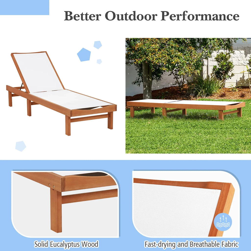 2026 NewGymax 2PCS Patio Wooden Chaise Lounge Chair Recliner w/ Adjustable Backrest