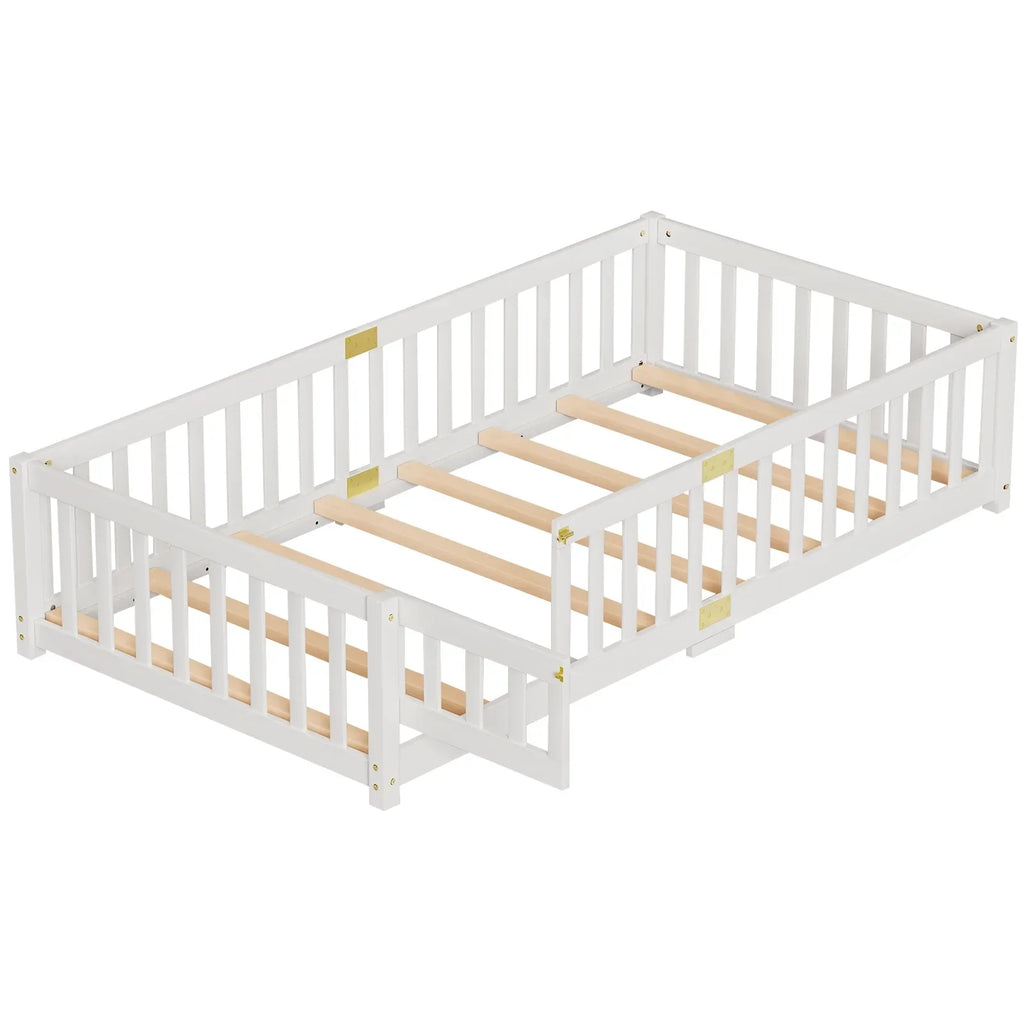 2026 NewSlsy Twin Size Toddler Floor Bed, Solid Wood Montessori Bed Frame with Fence & Door Montessori Floor Bed Crib with Safety Guardrails for Girls and Boys
