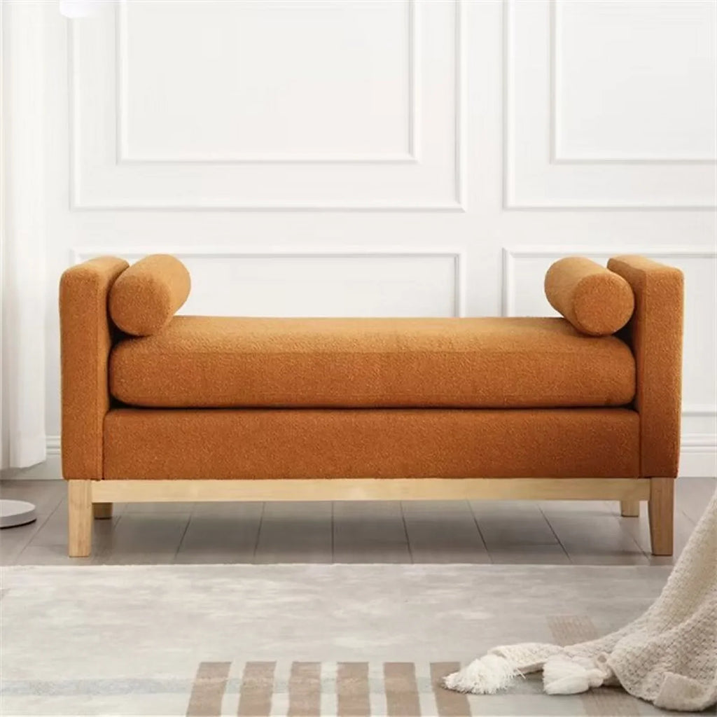 2026 NewEnd of Bed Bench, 53.5" Boucle Fabric Upholstered Entryway Bench with Wood Legs & Bolster Pillows, Rolled Arm Cushioned Ottoman Foot Rest Long Stool Window Extra Seating for Bedroom, Ivory