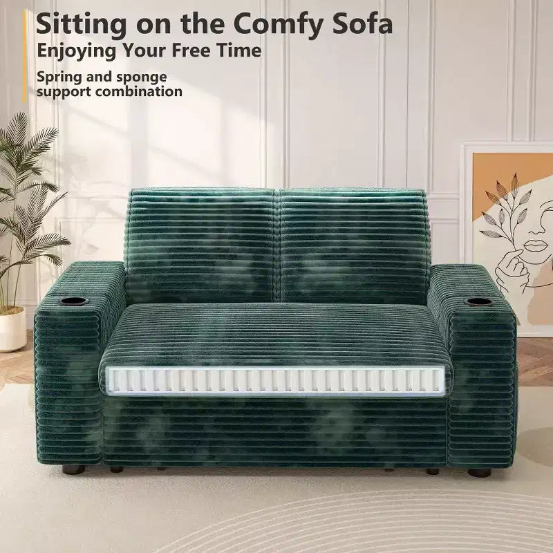 2026 Dyonery Sofá cama 4 en 1 de 65,5" con respaldos ajustables, carga USB/Type-C, portavasos y bolsillos, verde