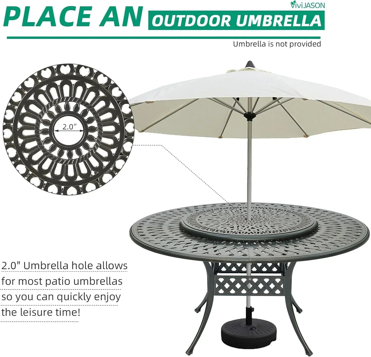 2026 NewVIVIJASON Outdoor 61" Patio Dining Table for 6-8 Person, Large Patio Round Dining Table with 24" Lazy Susan, Dark Bronze Cast Aluminum Rustic Patio Table W/Umbrella Hole for Balcony, Porch and Deck