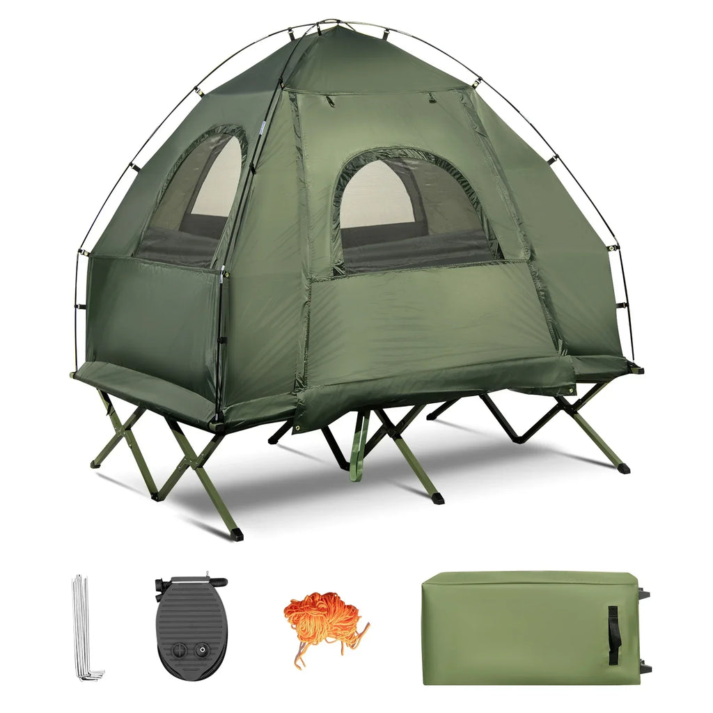 2026 NewPatiojoy Folding 2-Person Camping Tent Cot Portable Pop-Up Tent with Sleeping Bag&Air Mattress for Outdoor Activity