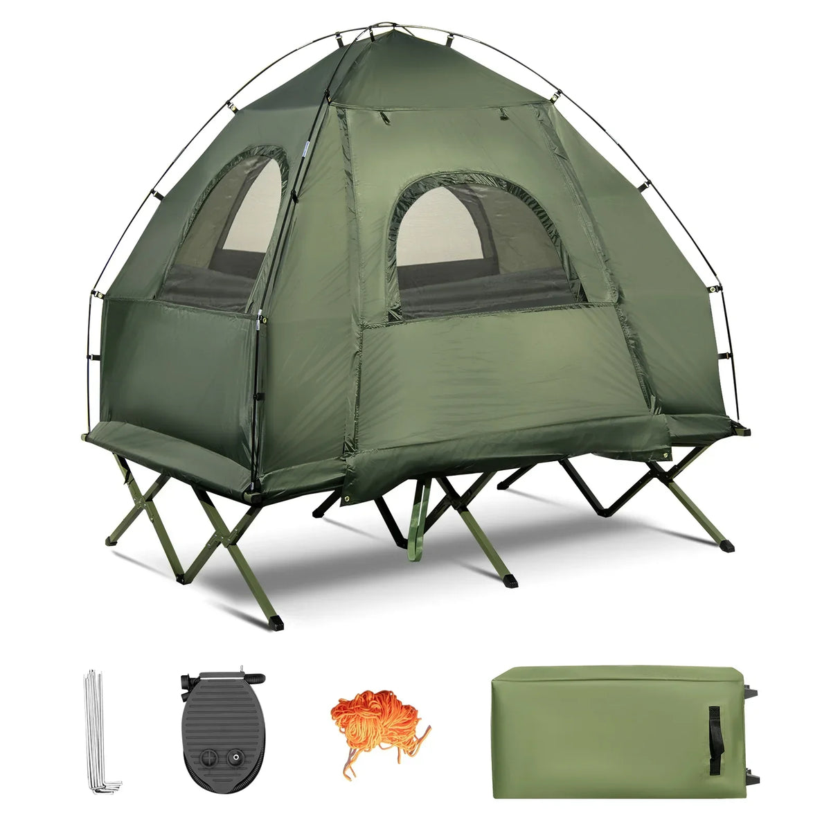 2026 NewPatiojoy Folding 2-Person Camping Tent Cot Portable Pop-Up Tent with Sleeping Bag&Air Mattress for Outdoor Activity