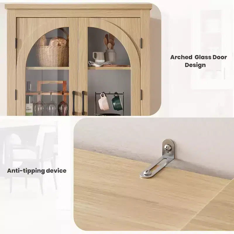 2026 Armario despensa de 70" natural/blanco con 4 puertas de cristal arqueadas y estantes ajustables