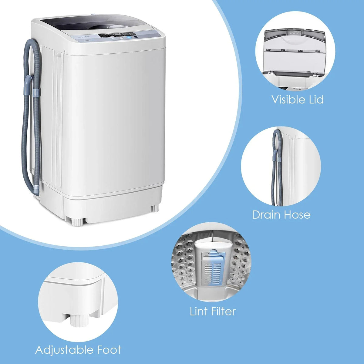 2026 NewGiantex Full-Automatic Washing Machine, 1.34 Cu.ft Compact Washer w/10 Programs, 8 Water Levels & LED Panel, 9.92 Lbs Capacity Portable Cloth Washer and Spinner w/Drain Pump